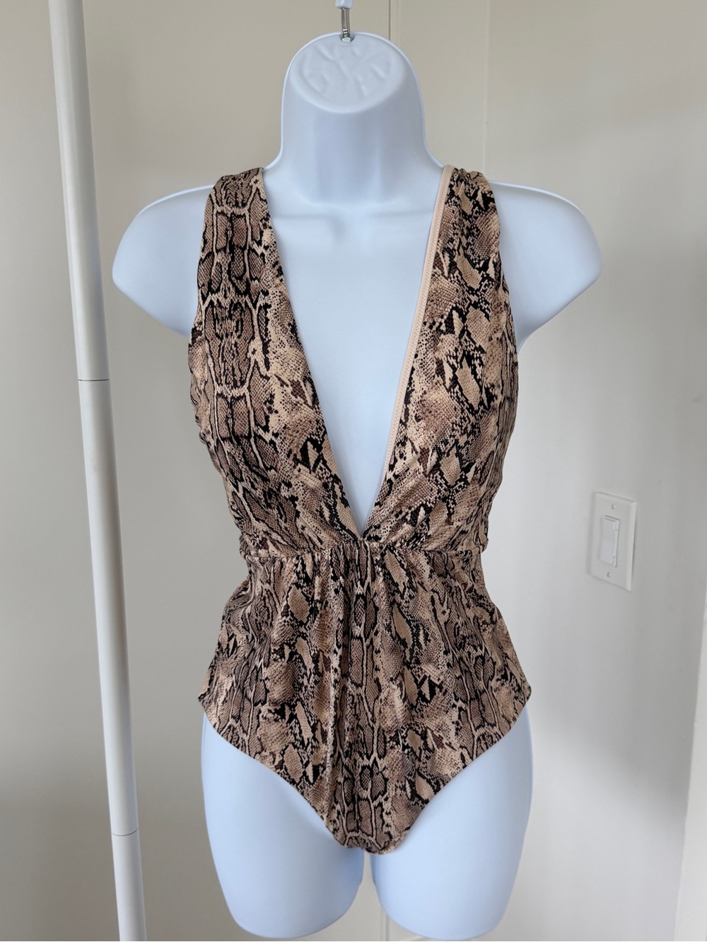 Tori Praver White One-Piece Swimsuit with Taupe Snake Print Trim